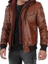 Men's Brown Bomber Leather Jacket with Removable Hood